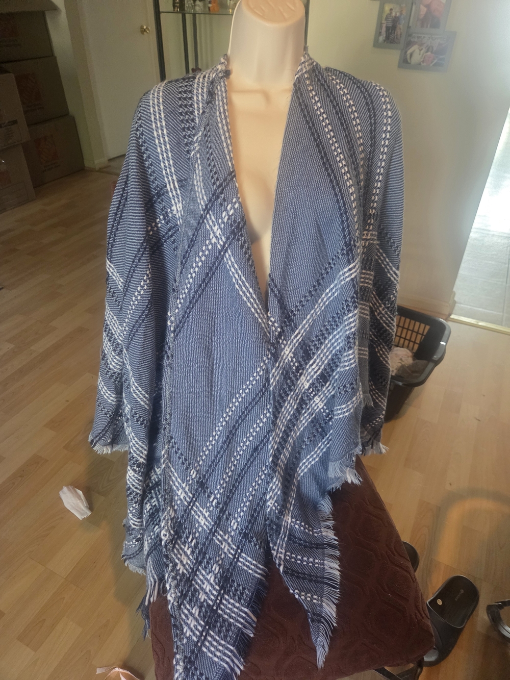 LC Lauren Conrad Blue and White Plaid Open-Front Sweater Wrap One Size Fits All